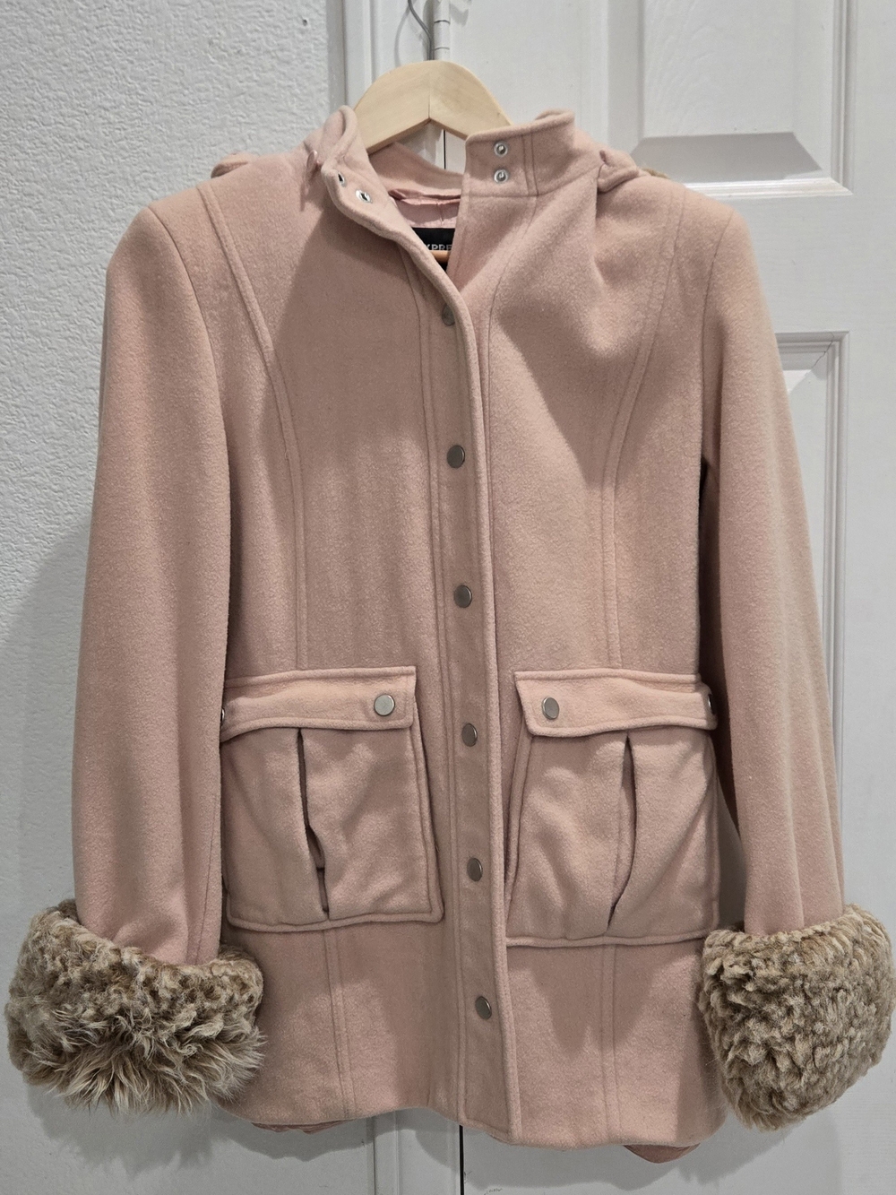 Express Blush Pink Hooded Pea Coat with Faux Fur Cuffs Size 8 Medium/Large